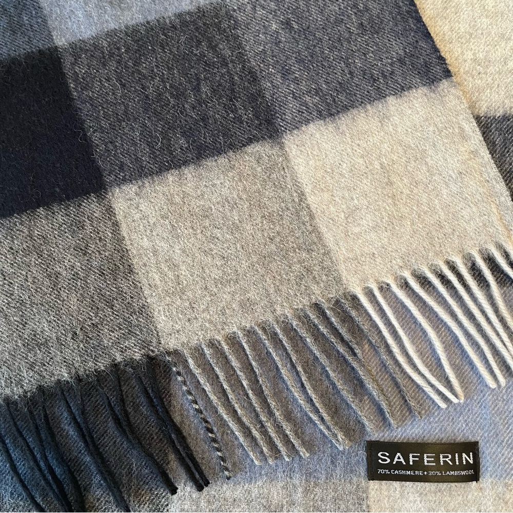 Cashmere Wool Blend Plaid Checkered Fringe Scarf in Neutrals